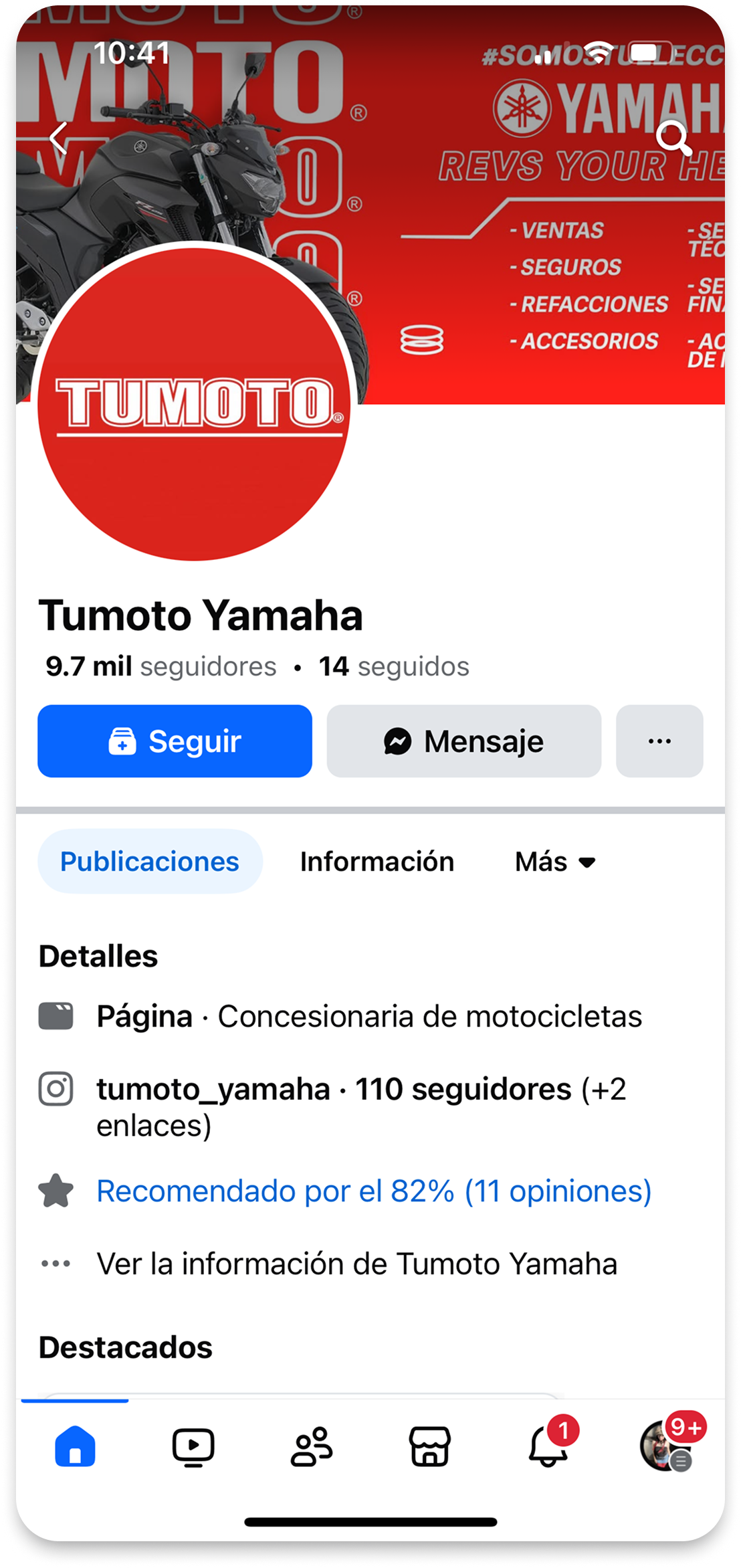Página de Facebook de Tumoto Yamaha que muestra un cartel rojo con una motocicleta negra a la izquierda, logo de Tumoto en un círculo grande en el centro, y texto en español sobre ventas, seguros, refacciones y accesorios Yamaha, con un fondo rojo y blanco.