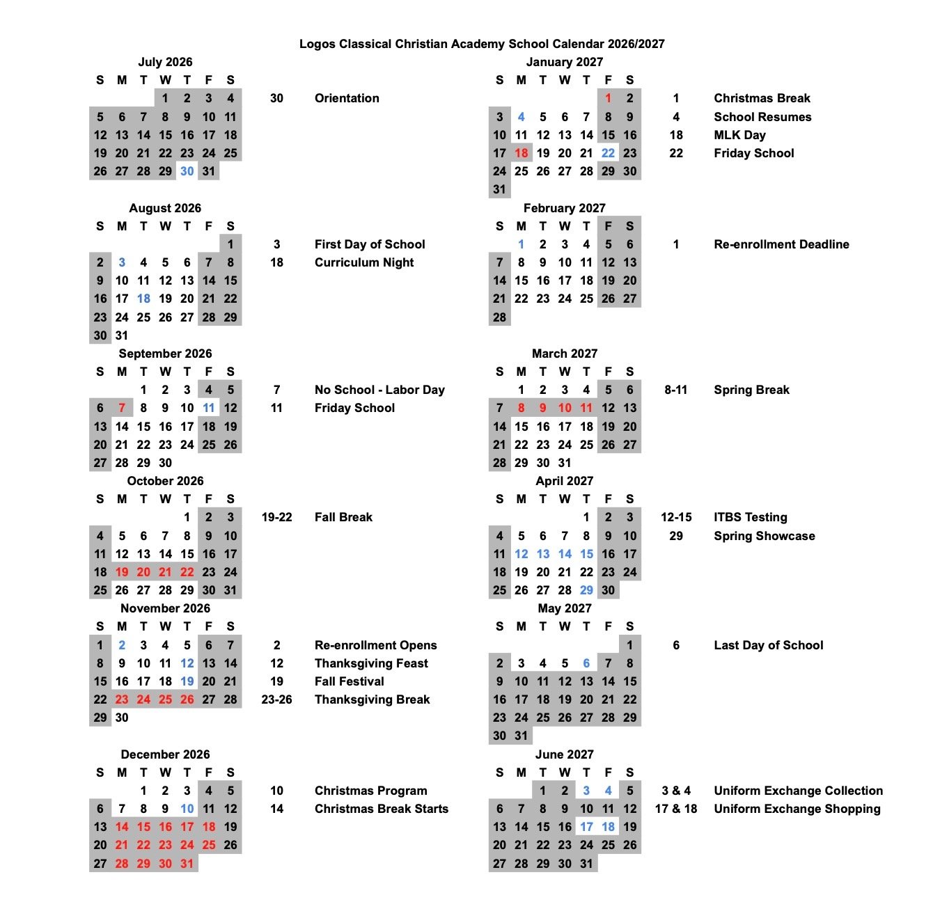 Academic calendar for Logos Classical Christian Academy 2026-2027, showing months from July 2026 to June 2027 with important dates highlighted, including school start and end dates, holidays, breaks, and special events.