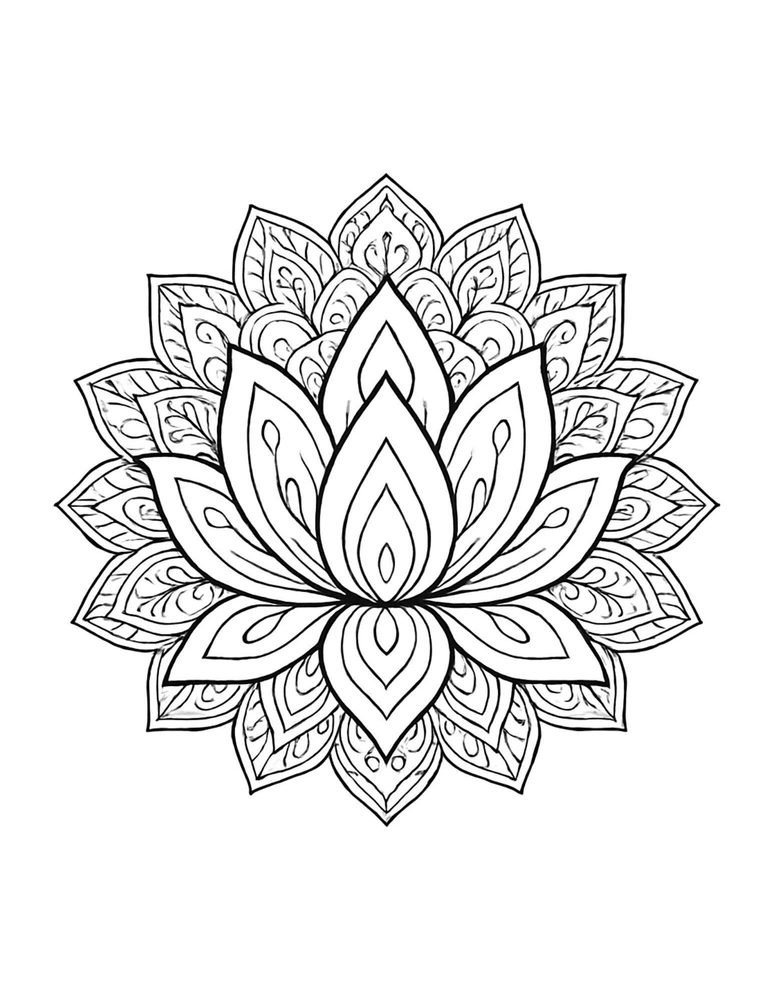 Black and white line drawing of a detailed lotus flower design.