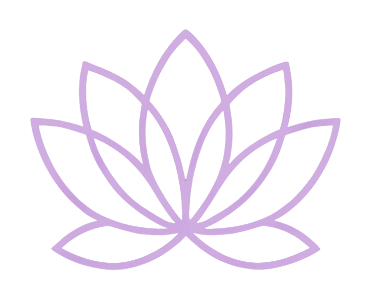 A minimalist line art illustration of a purple lotus flower on a transparent background.