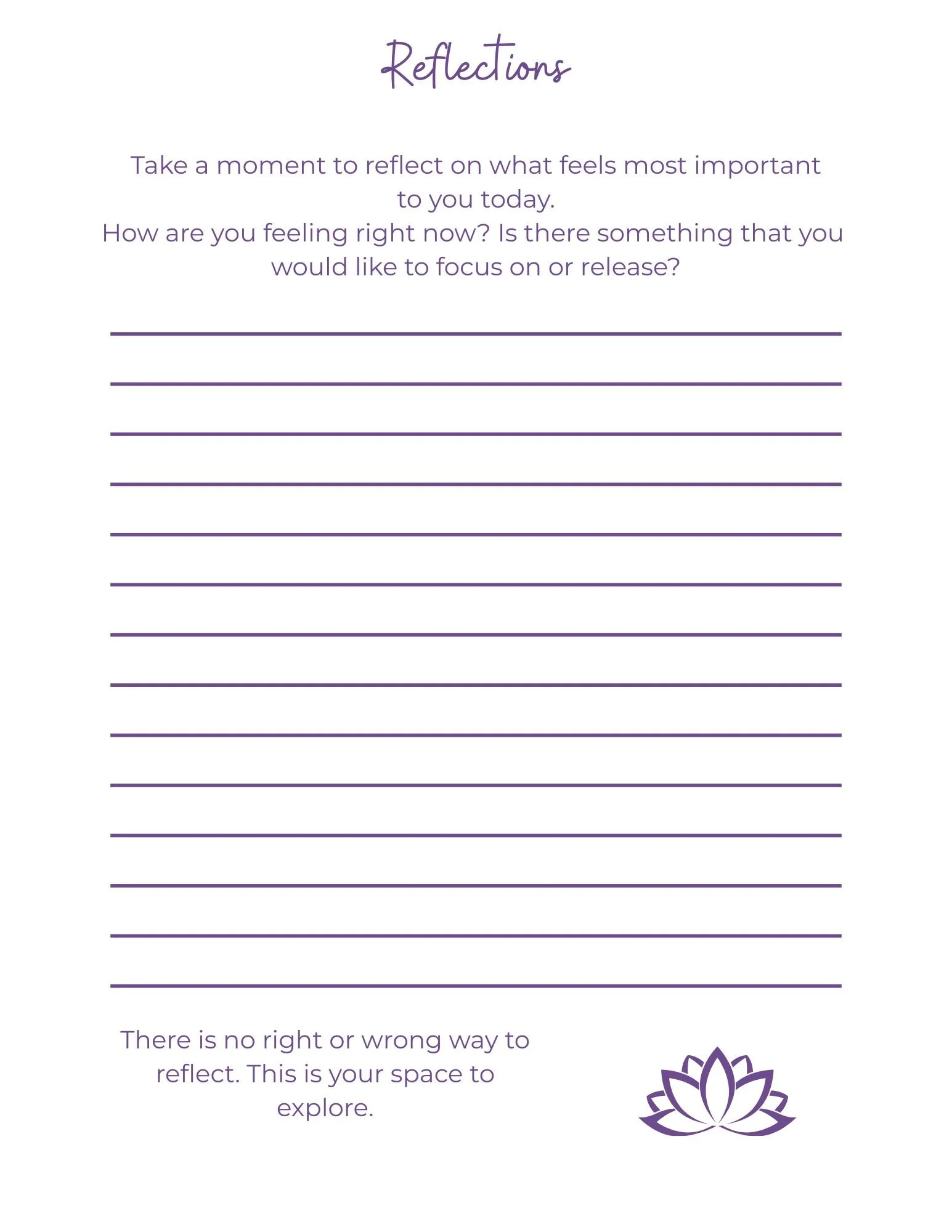 A reflection journal page with the title 'Reflections' at the top, a prompt asking about current feelings and focus or release, blank lines for writing, and a purple lotus flower graphic at the bottom right corner.