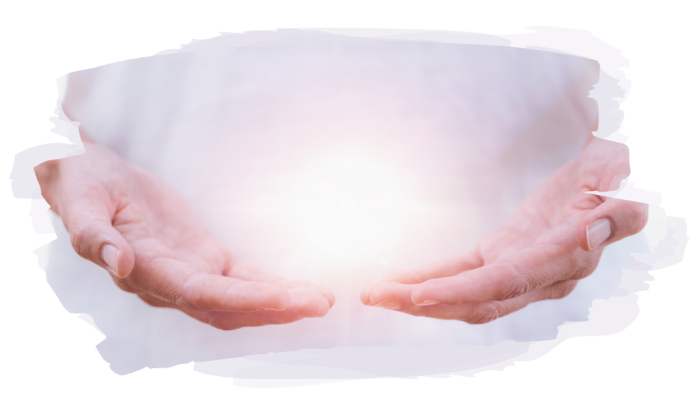 A pair of women's hands cupped together with a glowing light or energy in the center.