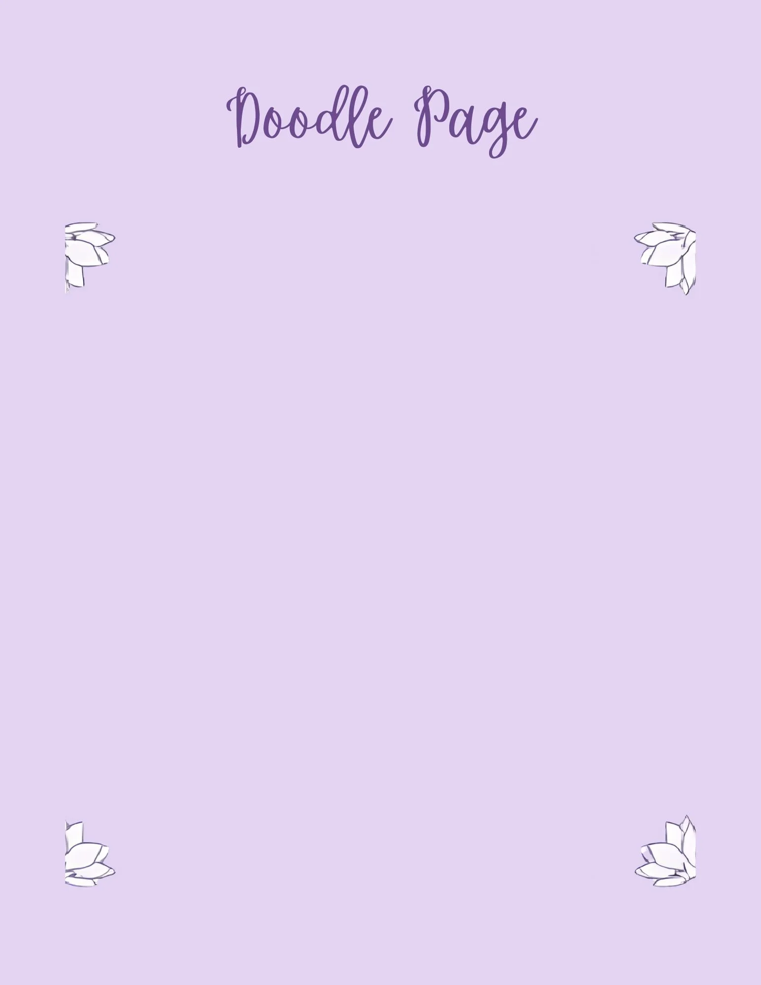 Lavender-colored notebook cover with the title 'Doodle Page' in purple cursive at the top, decorated with white outlined floral accents in each corner.