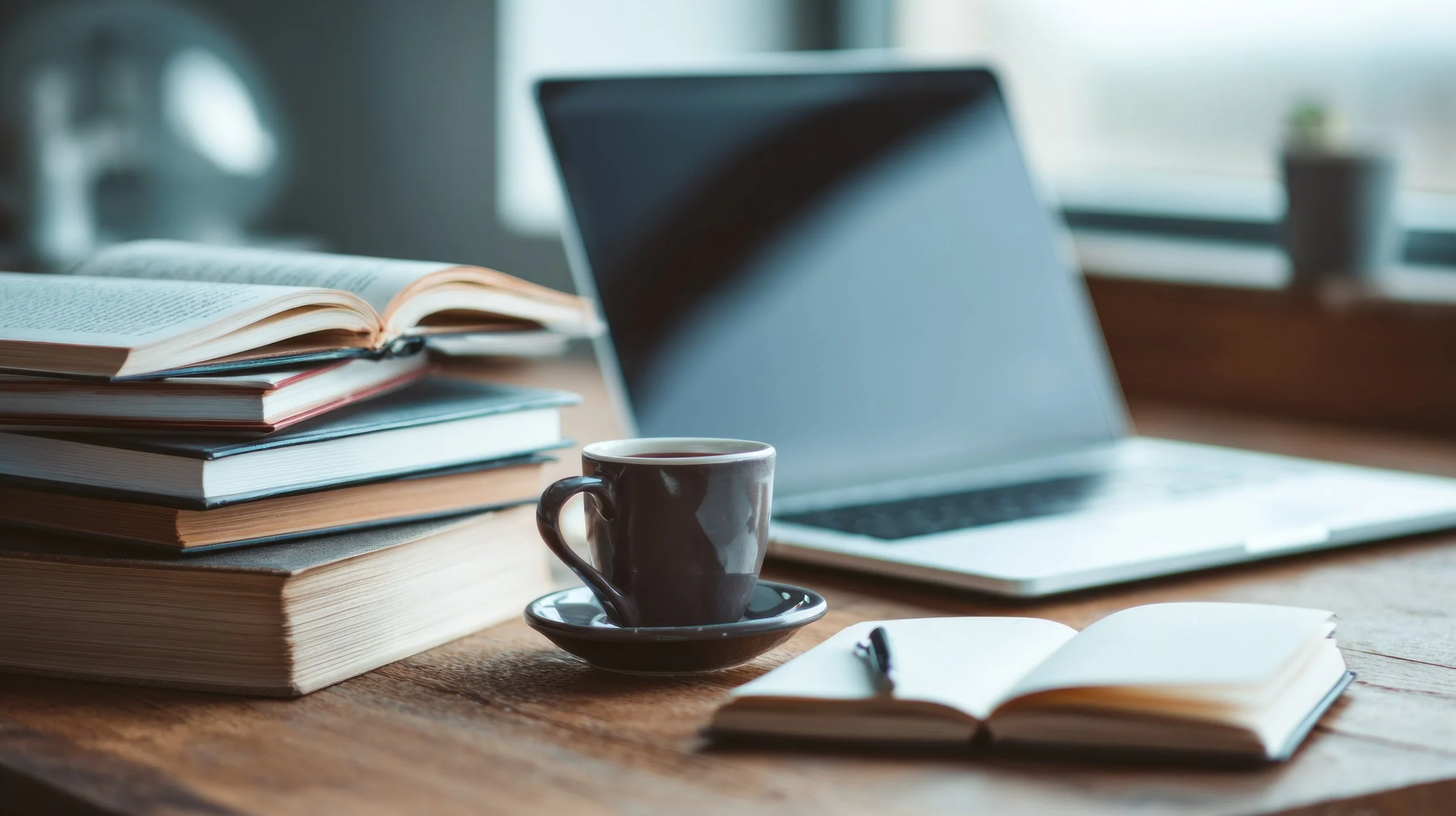 Desk with stacks of open and closed books, a coffee cup on a saucer, a laptop, a notebook with a pen, and a window with a potted plant in the background.