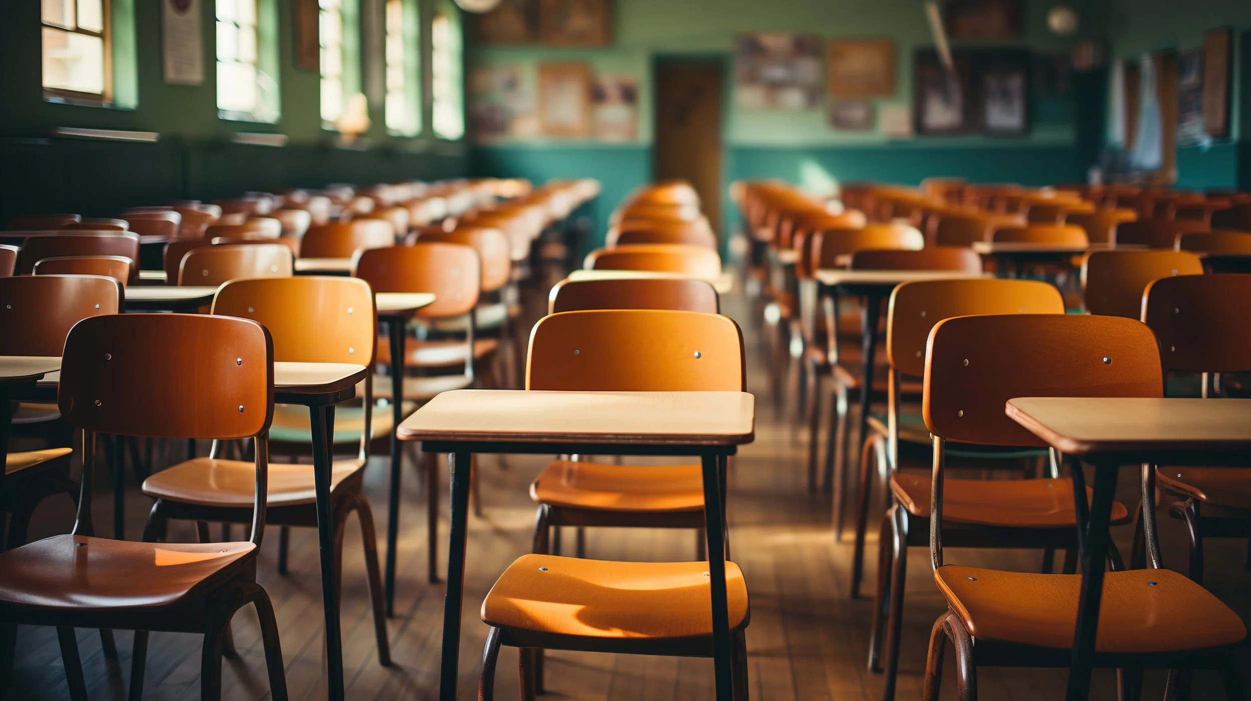 Empty classroom with wooden desks and chairs, green walls, and windows letting in sunlight.