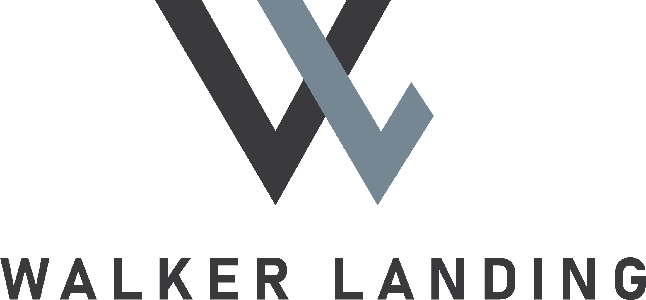 Logo of Walker Landing featuring stylized overlapping 'W' shapes in dark gray and light blue above the black text 'Walker Landing'.