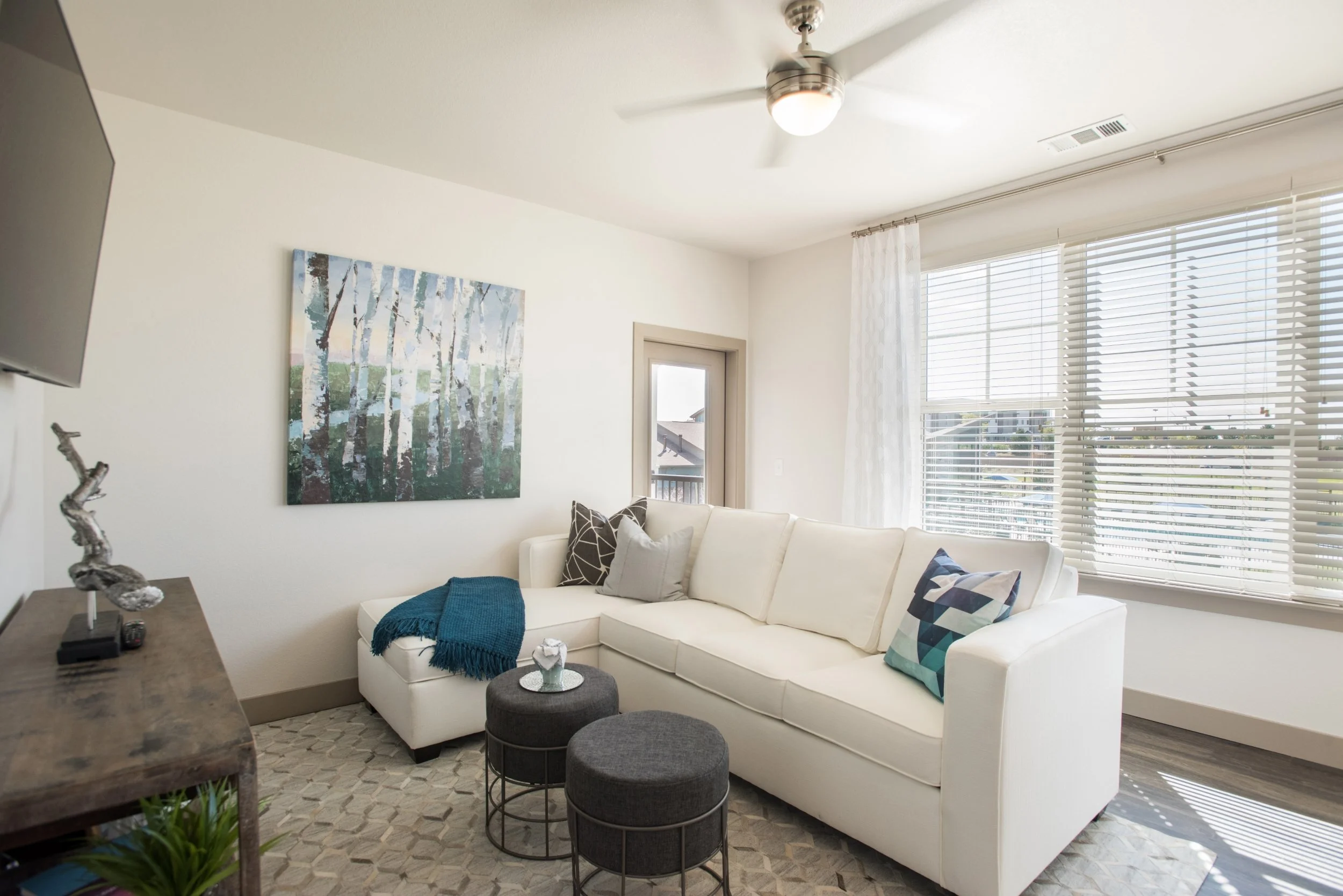 Bright living room with white sofa, decorative pillows, abstract art on wall, coffee tables, and large window with blinds.