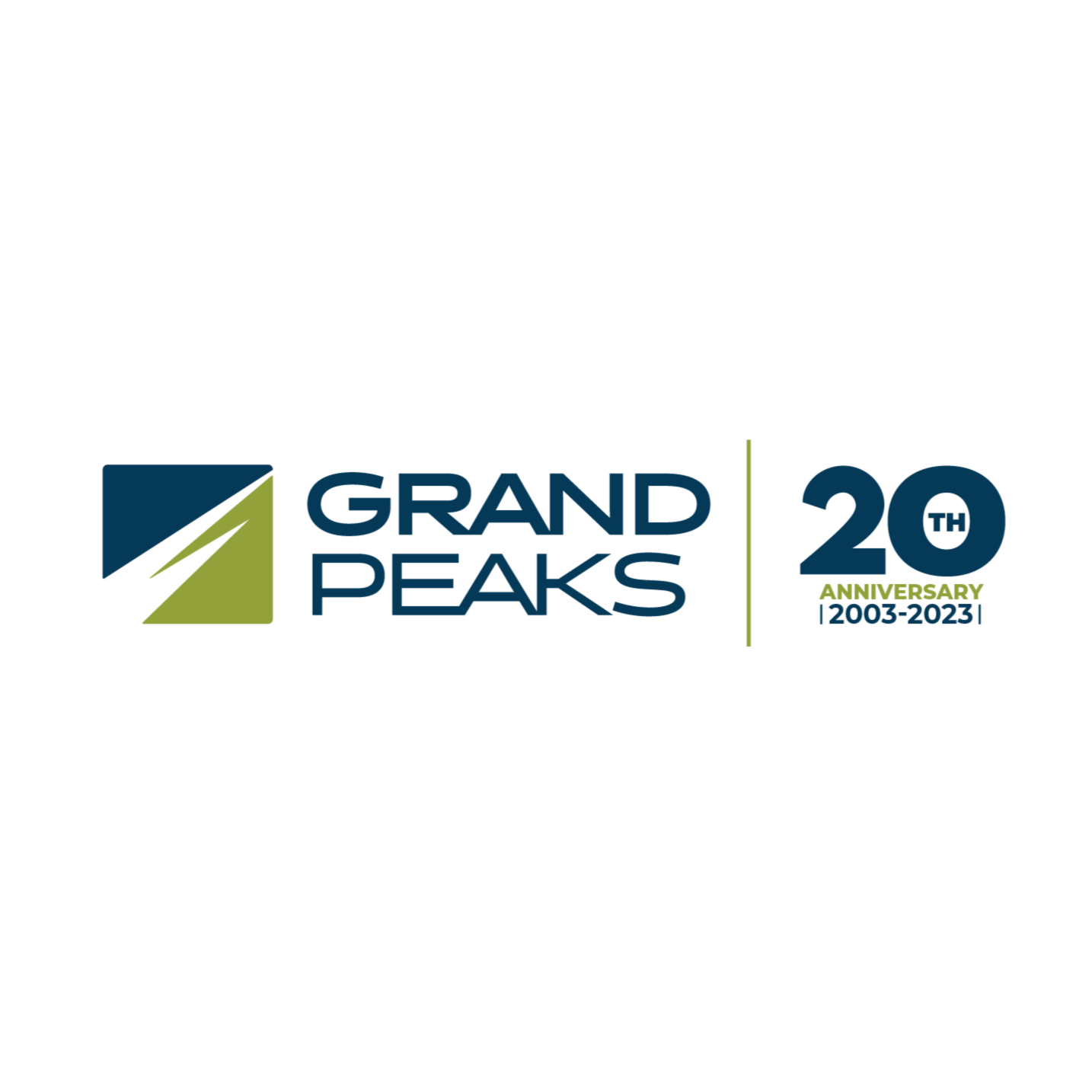 Grand Peaks 20th anniversary logo with green and blue mountain graphic and text indicating 2003-2023.