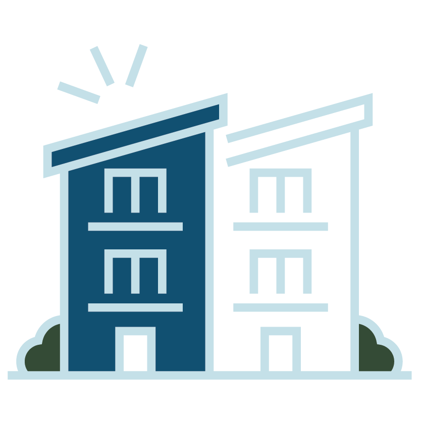 Illustration of two multi-story buildings with trees at the base and exclamation marks above one building.