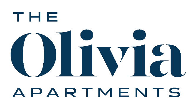 Logo for The Olivia Apartments in navy blue text with a modern font design.