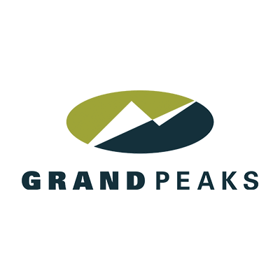 Grand Peaks logo featuring a stylized mountain and oval shape in green and dark blue with the text 'GRAND PEAKS' beneath.