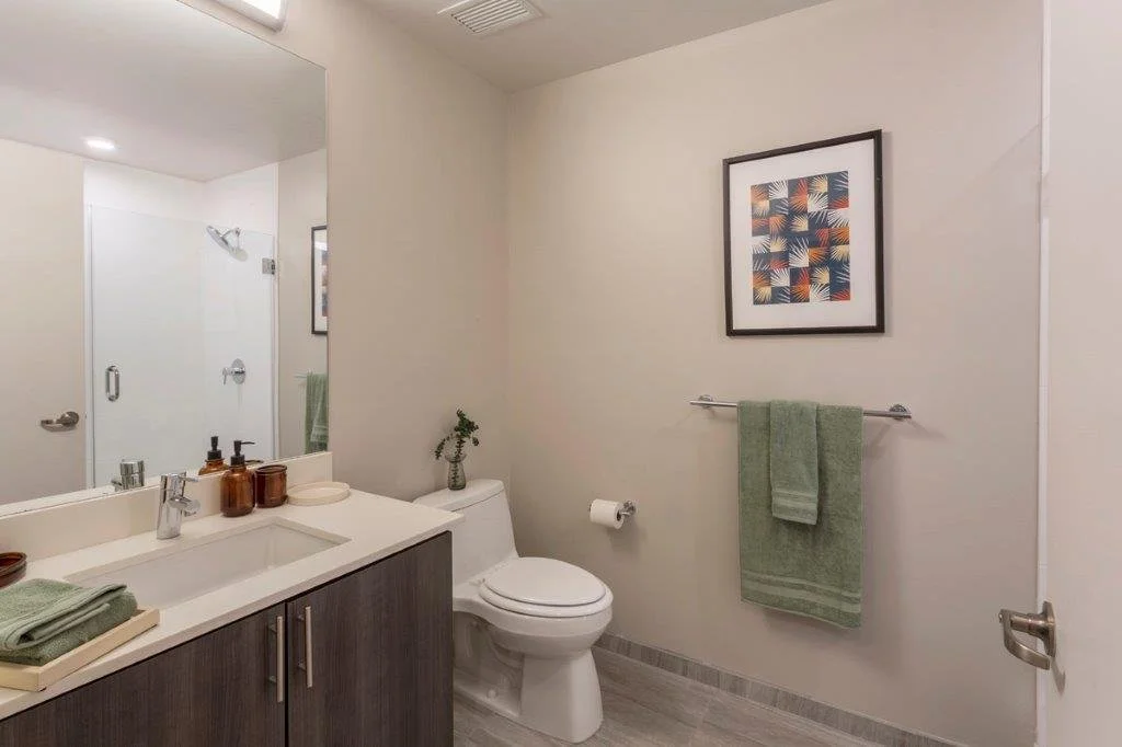 A modern bathroom with a white toilet, a vanity with a sink, and a large mirror. There are green towels, a framed art piece on the wall, and a small plant on the toilet tank.