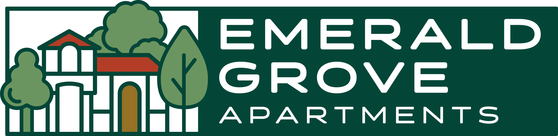 Logo for Emerald Grove Apartments featuring trees, houses, and a fence.
