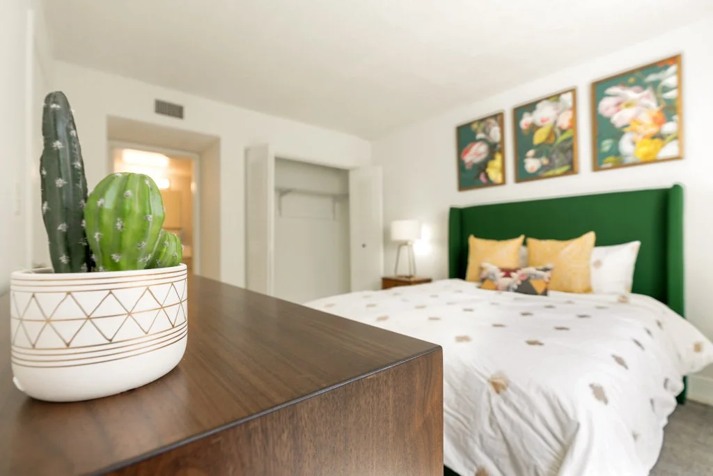 Close-up of a potted cactus plant on a wooden surface in a bedroom with a green headboard, white bedding with gold accents, decorative pillows, and flower paintings on the wall.