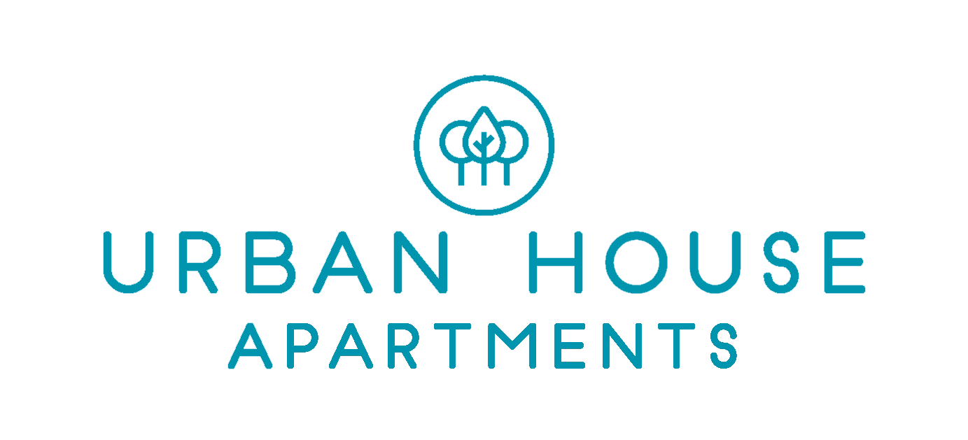 Logo for Urban House Apartments with a leaf and cloud icon above the text