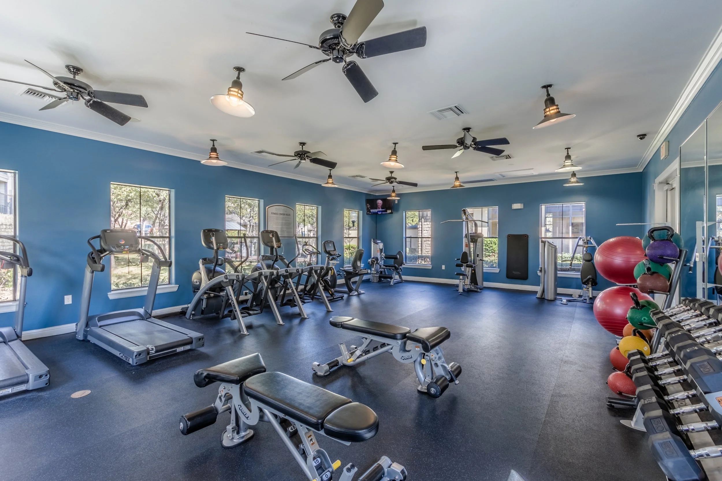 Empty gym room with exercise equipment including treadmills, stationary bikes, weight benches, and colorful stability balls, with blue walls, windows, ceiling fans, and a mounted TV.