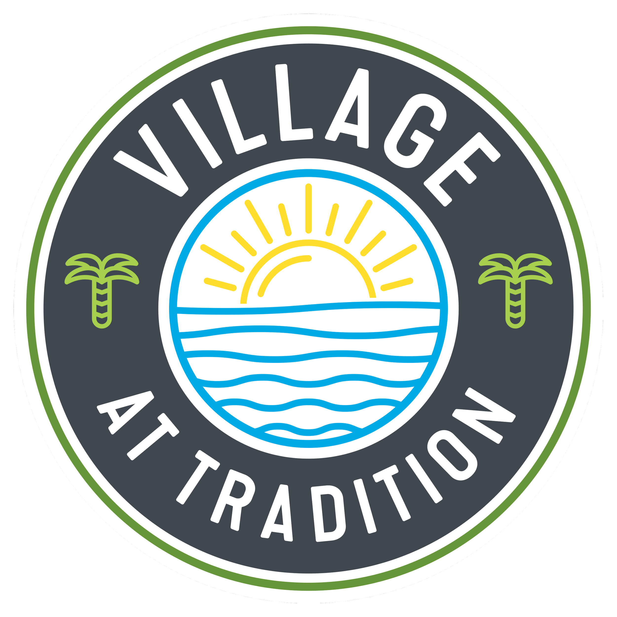 Circular logo with the words "Village At Tradition" around the edge. Inside, a sunset over water with a yellow sun and blue waves, flanked by two small green palm trees.