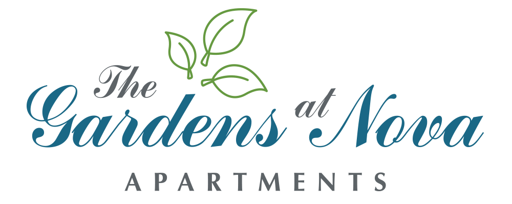 Logo for The Gardens at Nova Apartments with blue and green text and leaf design.