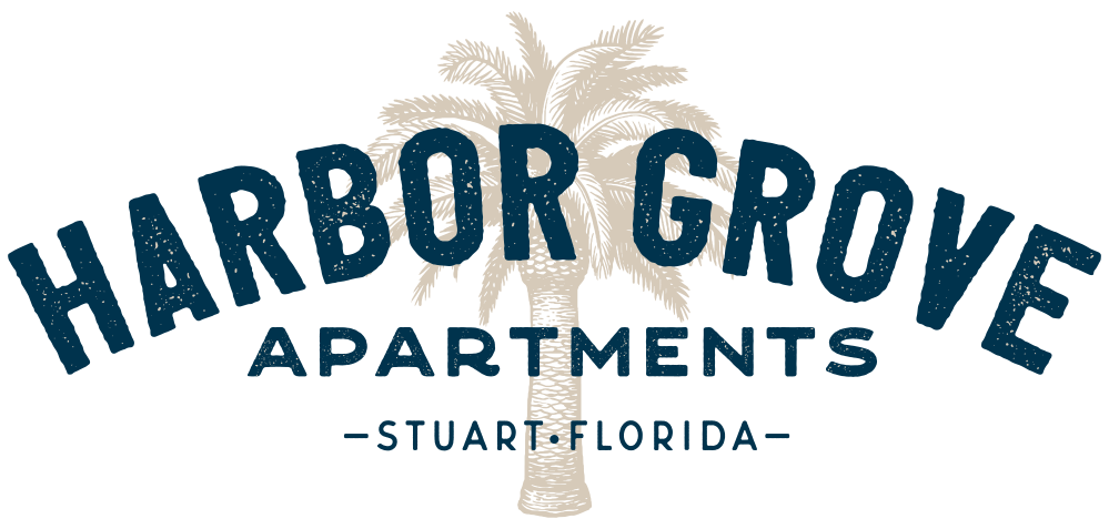 Logo for Harbor Grove Apartments in Stuart, Florida, featuring a white palm tree above the shelter text with distressed font on a black background.