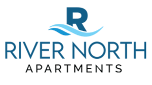Logo of River North Apartments featuring a large letter 'R' with a wave design and the text 'River North Apartments' underneath.