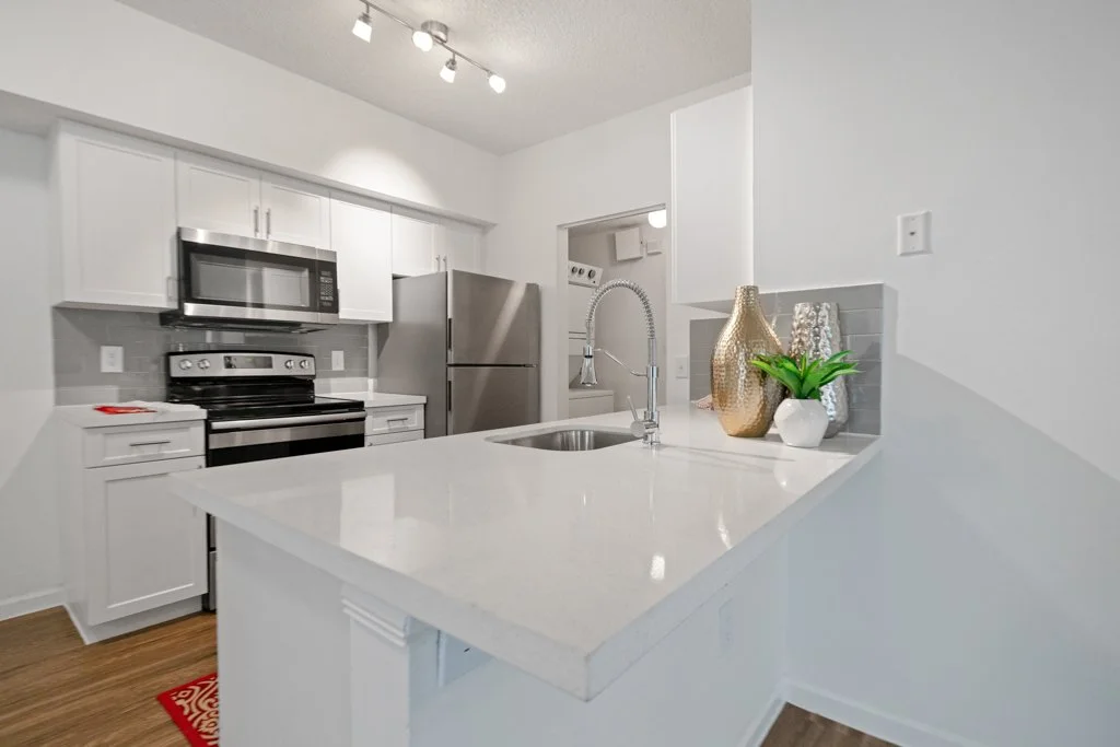Modern kitchen with white cabinets, stainless steel appliances, and a white countertop. Decor includes vases and a small potted plant.