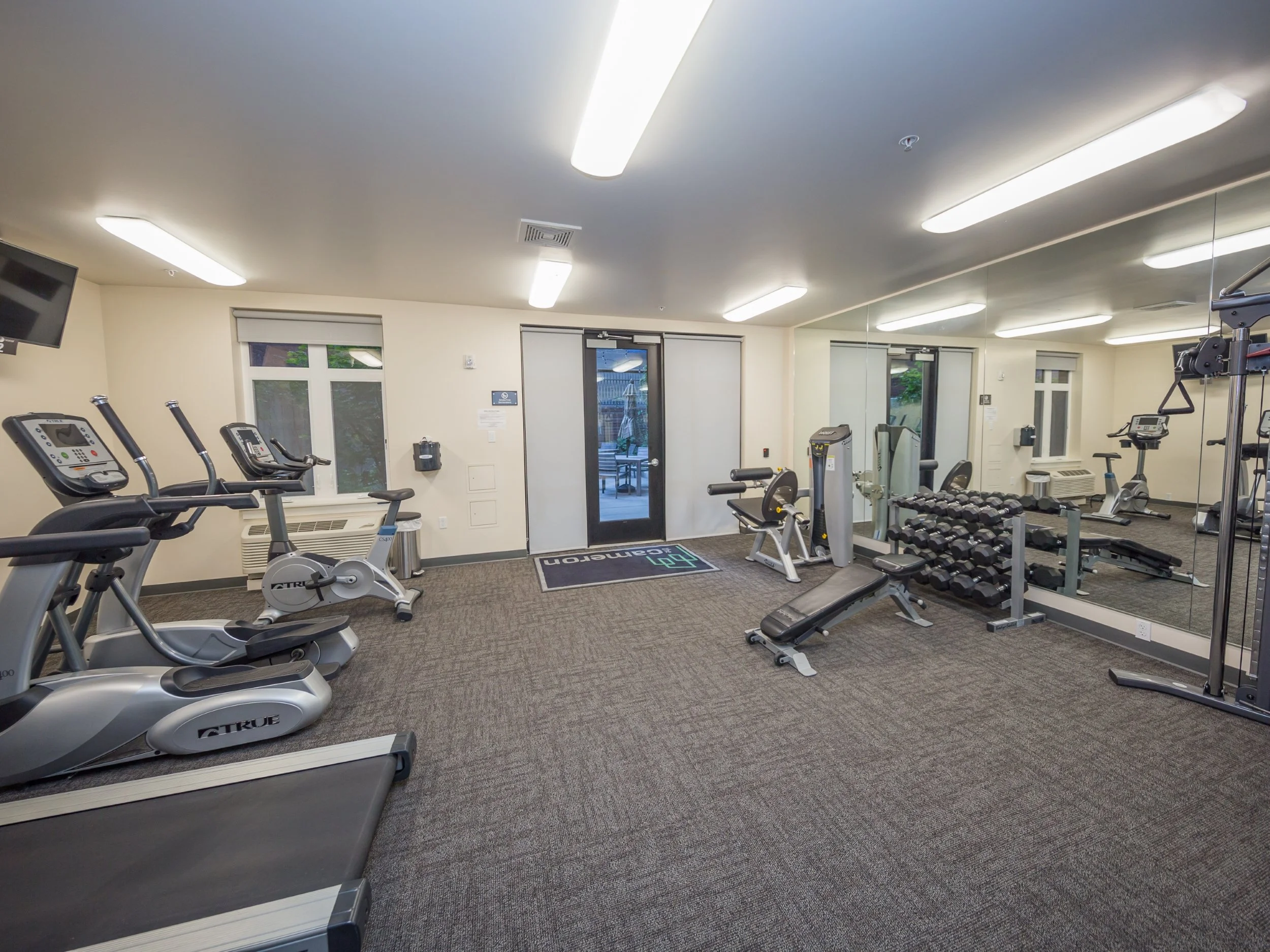 Fitness room with treadmills, exercise bikes, weight rack, mirror wall, TV, and Entrance door.