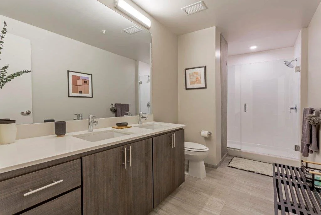 Modern bathroom featuring a double sink vanity with dark wood cabinets, a large mirror, a toilet, and a walk-in shower with a glass door. Decor includes framed artwork, a small rug, and towels.