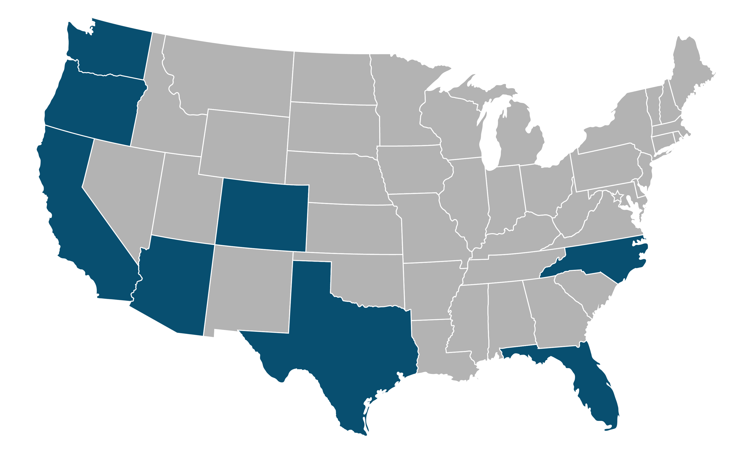 Map of the United States highlighting certain states in blue, including California, Oregon, Washington, Nevada, Colorado, Texas, Illinois, and Florida.