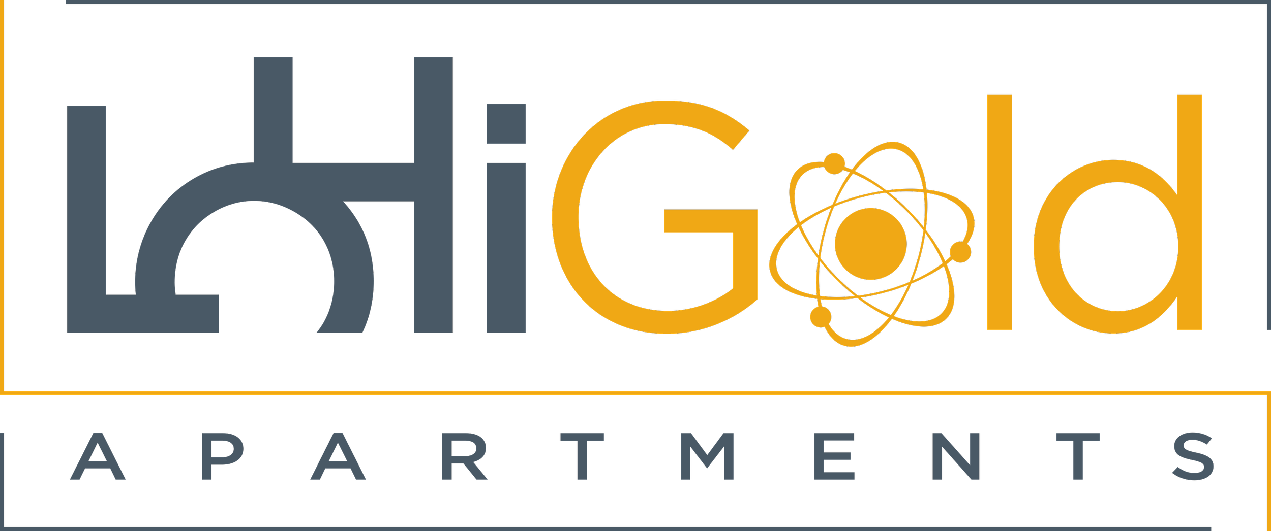 Logo for HighGold Apartments featuring stylized text with a decorative atom symbol integrated into the letter G, set against a black background with yellow and gray accents.