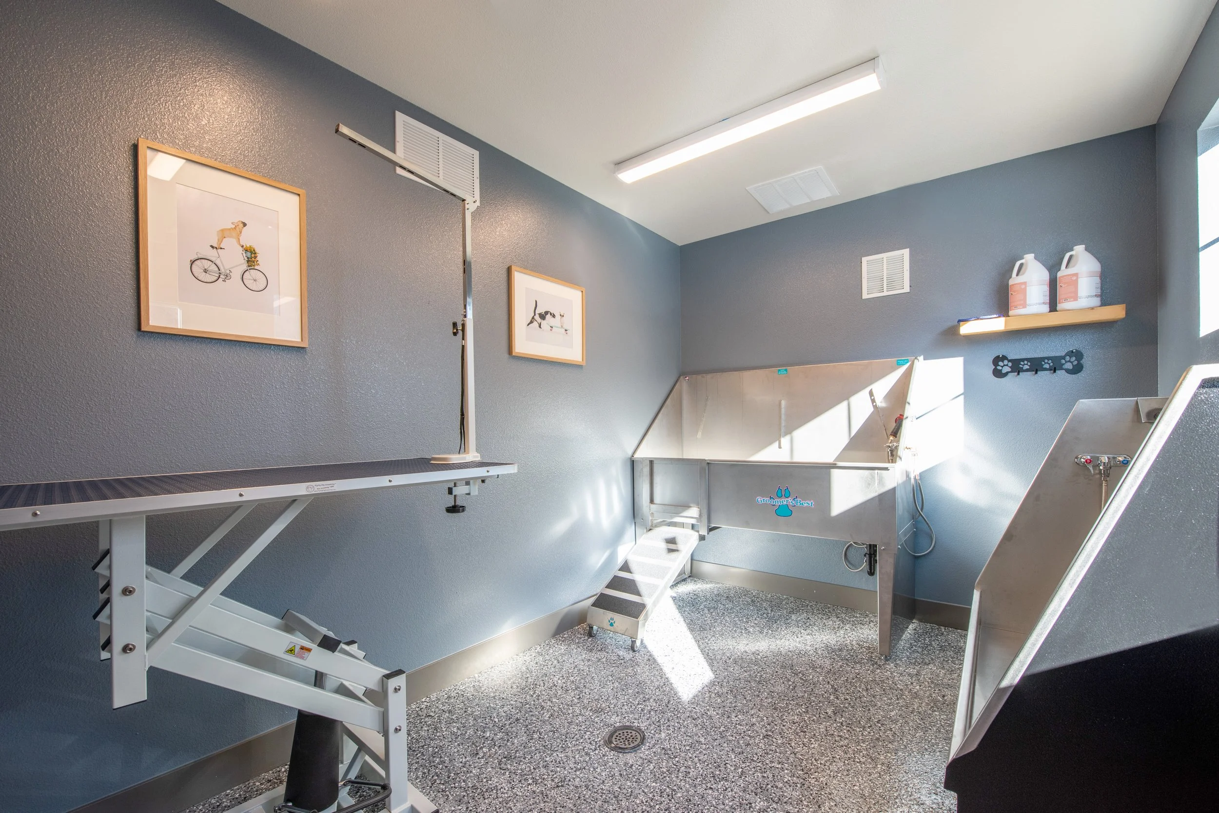 Grooming station with dog washing tub, grooming table, and shelves in a pet grooming salon.