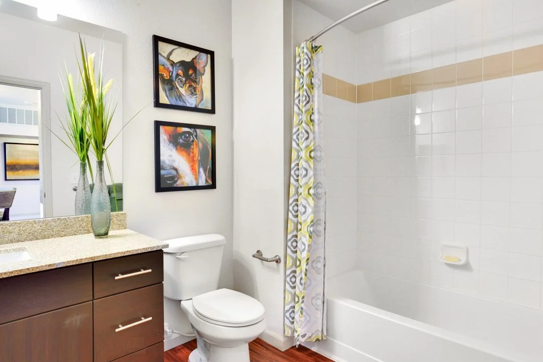 Bathroom with a vanity, a toilet, and a bathtub with a shower curtain. Artwork of dogs on the wall.