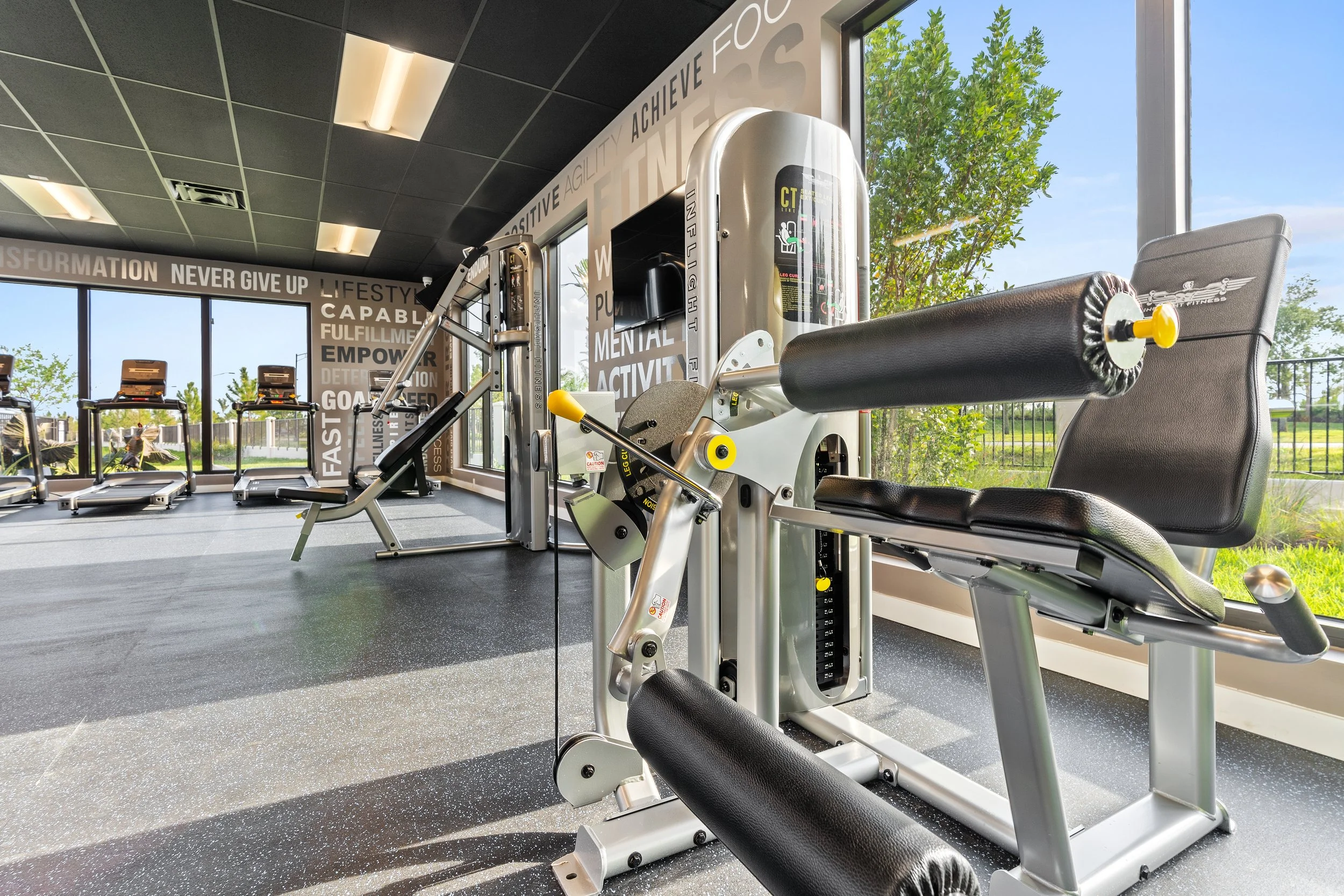 Inside a gym with exercise machines, including a seated leg curl machine in the foreground, and treadmills near large windows showing green trees outside.