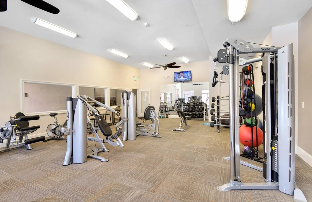 Fitness gym with various exercise equipment, including weight machines, free weights, resistance bands, an exercise ball, and a TV on the wall.