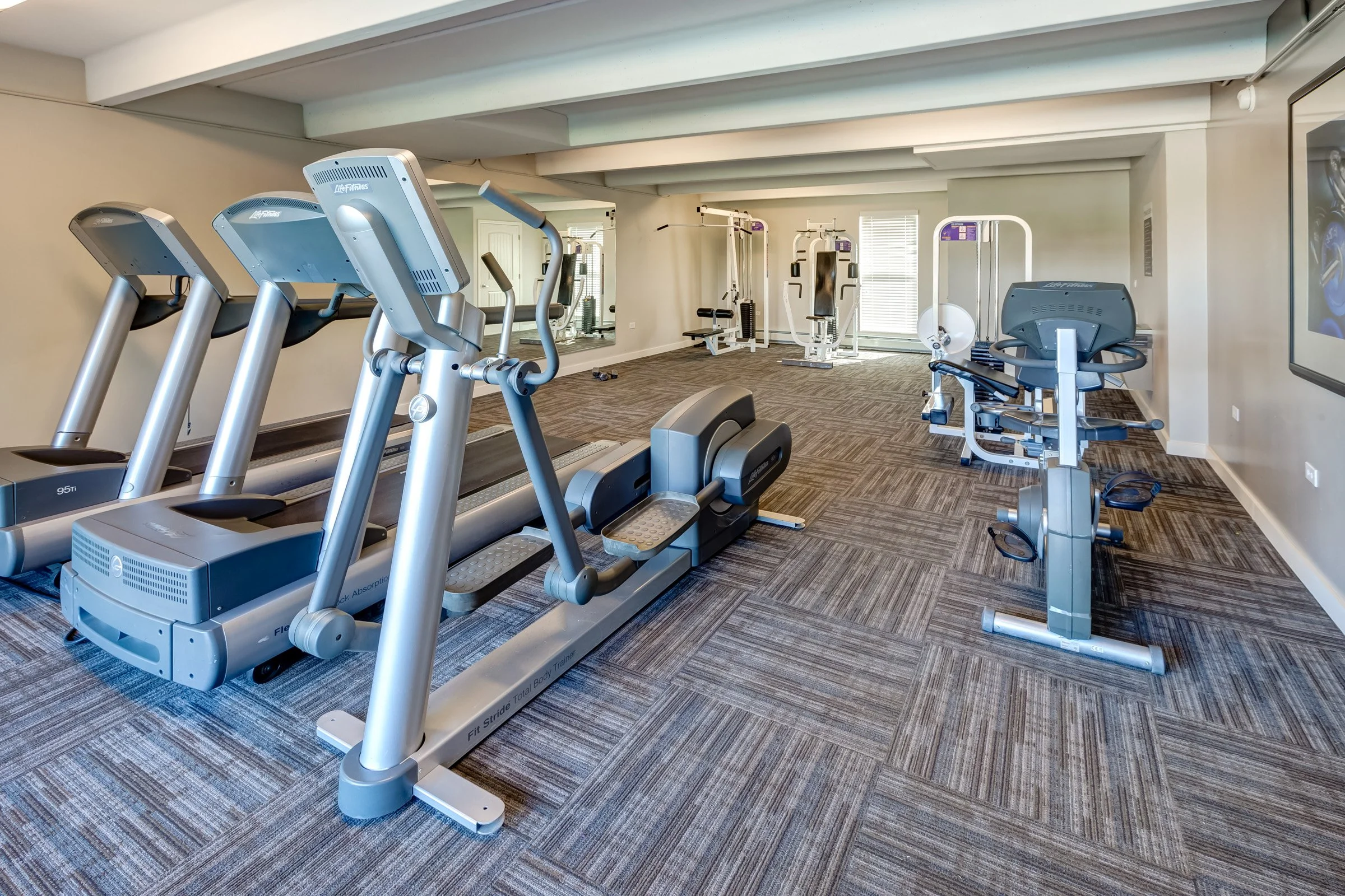 Heated gym with treadmills, elliptical, strength training equipment, and television mounted on the wall.
