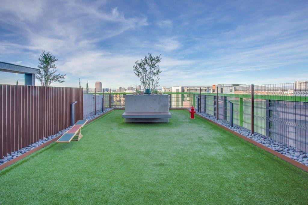 Rooftop with artificial grass, trees, and city view in the background.