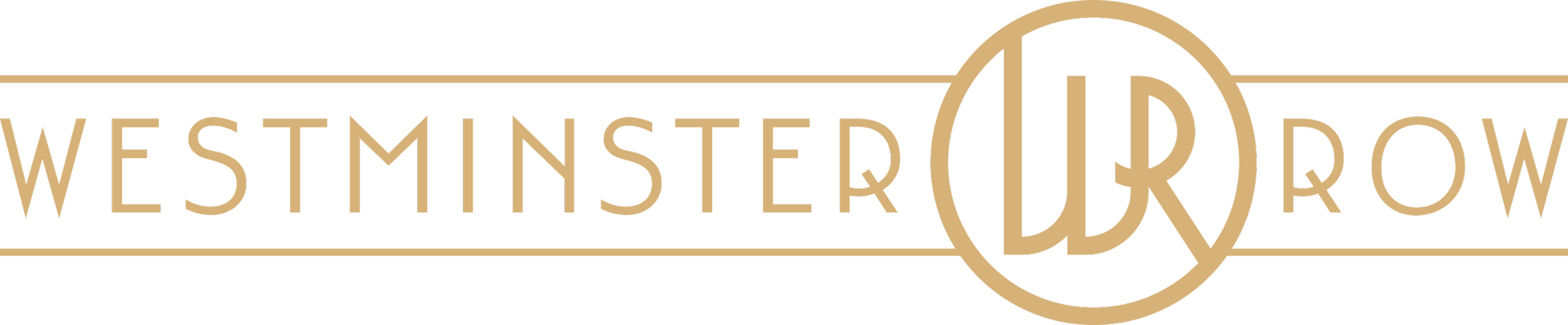 Westminster Row logo in gold and black featuring stylized text and a circular monogram.