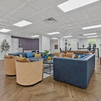 Modern lounge area with blue and beige sofas, a coffee table, and decorative plants in a spacious, well-lit room.