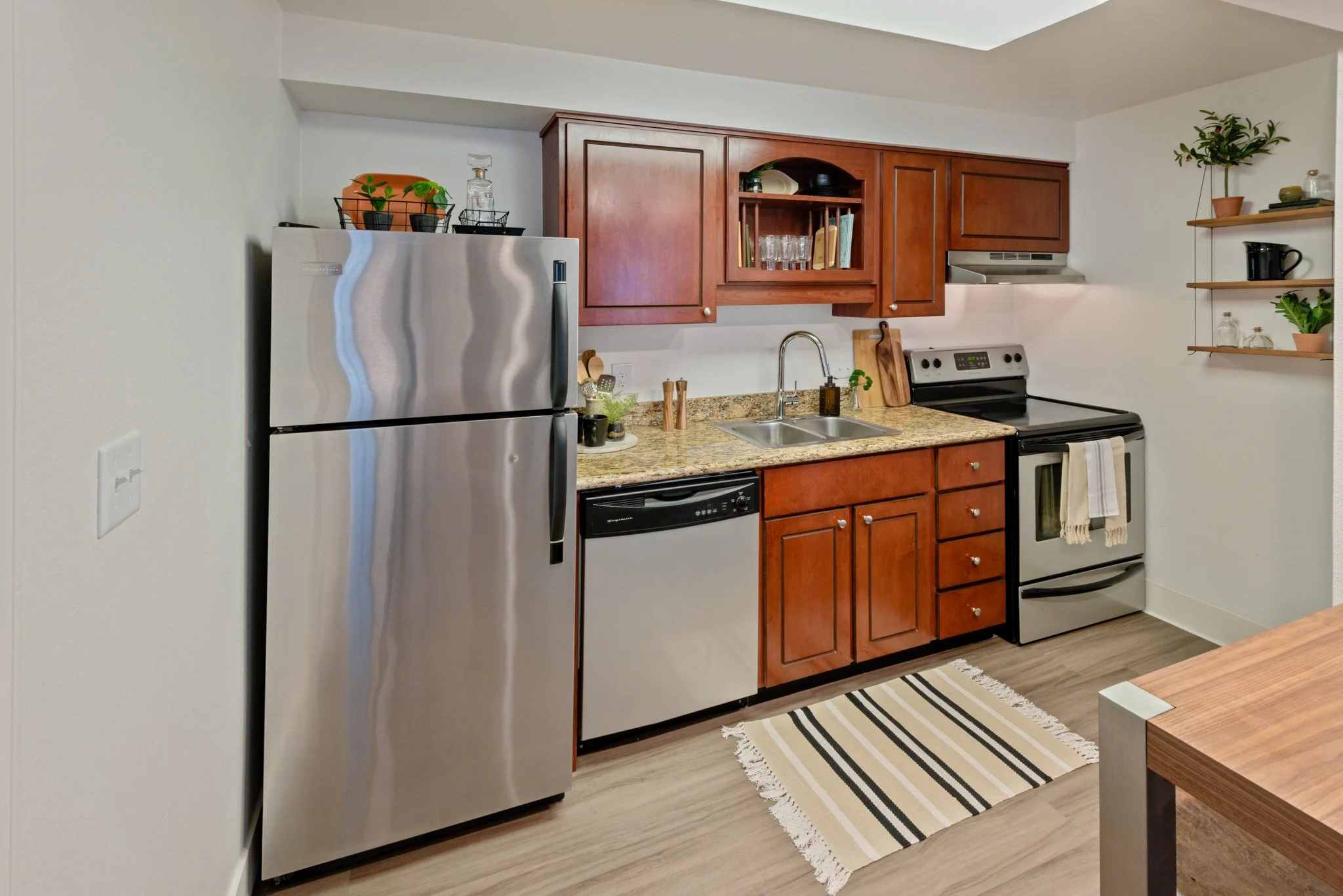 Kitchen with stainless steel refrigerator, electric stove, microwave, granite countertop, wooden cabinets, shelves with plants, and a striped rug.
