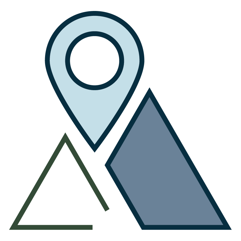 Illustration of a location pin icon above an outline of a mountain and a triangle, with geometric shapes in shades of blue, green, and gray.