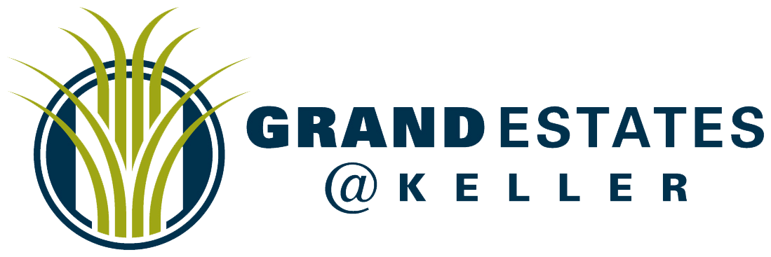 Logo for Grand Estates at Keller featuring a circular emblem with stylized grass or plant blades and the text 'Grand Estates @ Keller' to the right.