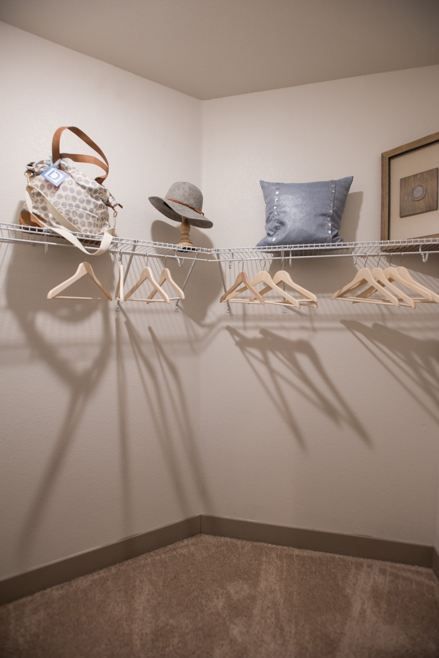 Empty walk-in closet with a white wire shelf, some hangers, a hat, a decorative pillow, and framed artwork on the shelf.