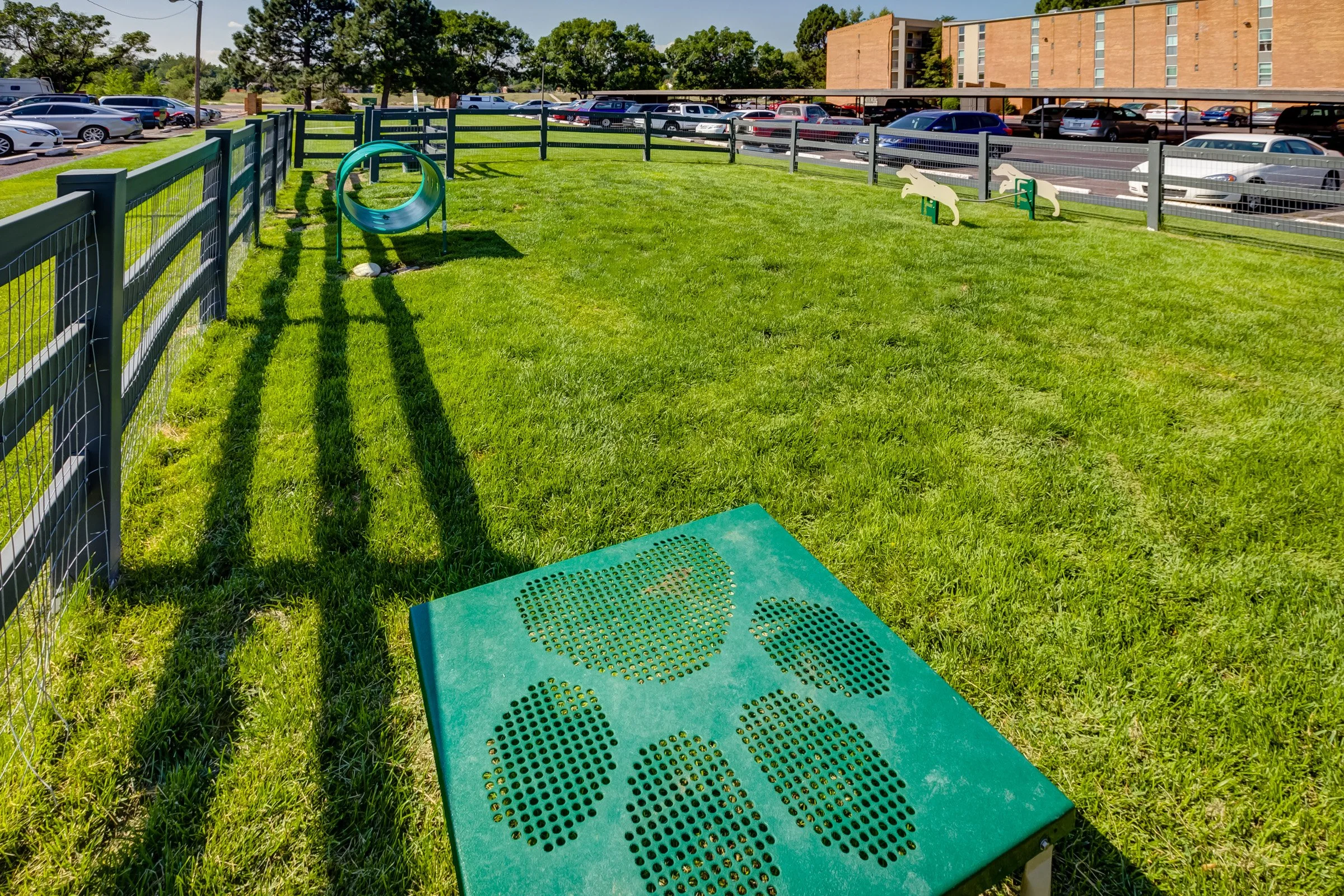 A grassy outdoor dog park with agility equipment, including a blue tunnel and two white jump obstacles with green bases, surrounded by a wire fence. In the background, there is a parking lot full of cars and a multi-story apartment building.