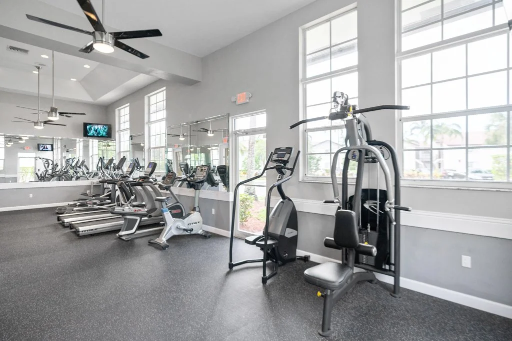 Empty fitness center with treadmills and exercise machines near large windows, with a mirrored wall and flat-screen TV.