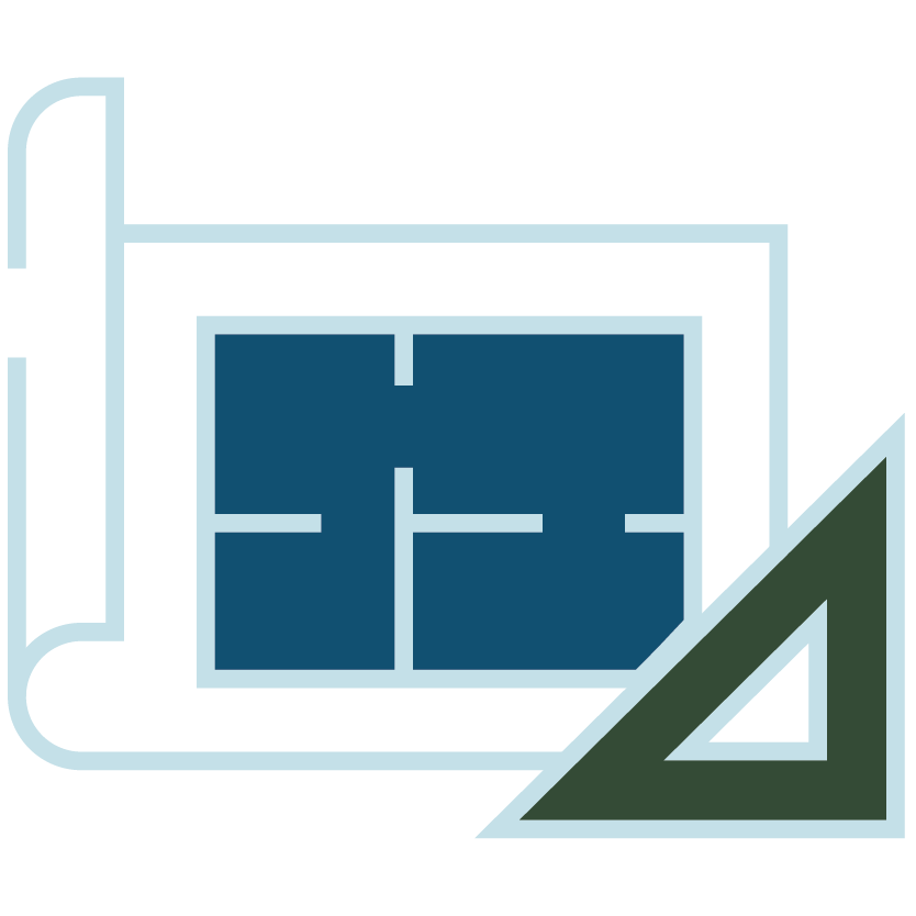 Line drawing of a blueprint with a measuring triangle.