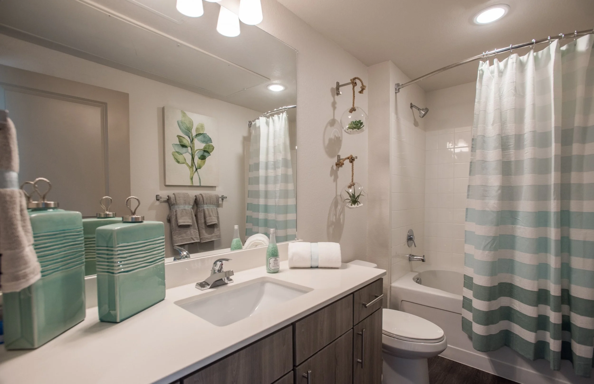 Bathroom with vanity, mirror, towels, decorative containers, shower with curtain, bathtub, wall art, and hanging plant decorations.