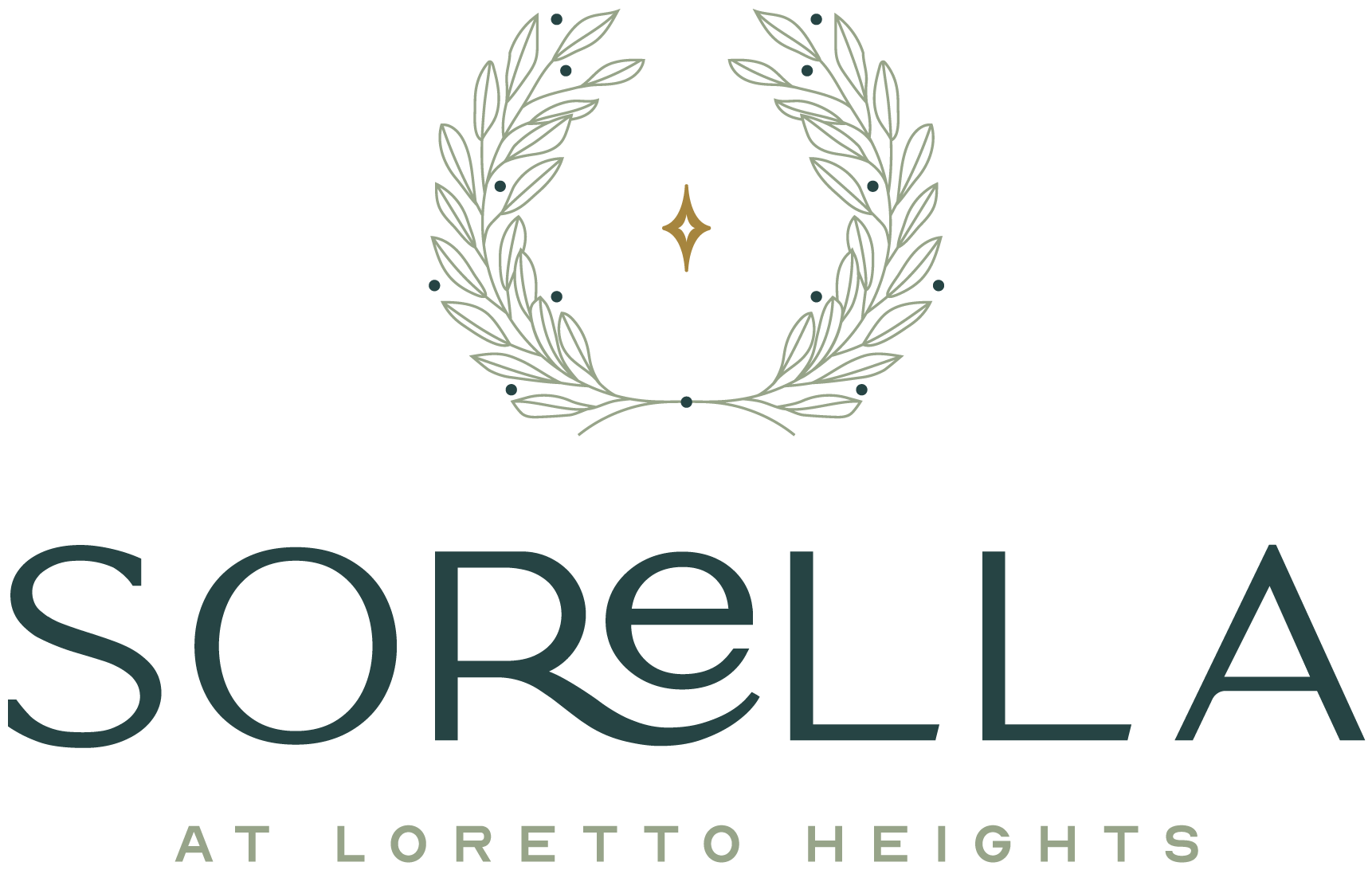 Logo for Sorella at Lorette Heights, featuring a stylized laurel wreath with a star or sparkle in the center.