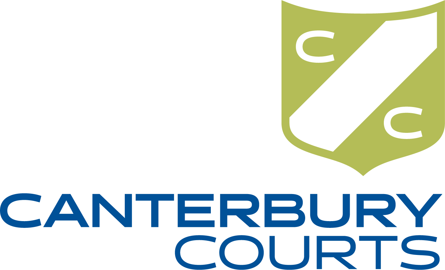 Logo for Canterbury Courts featuring a stylized shield with a diagonal band and horseshoes, and the text 'CANTERBURY COURTS' in blue.