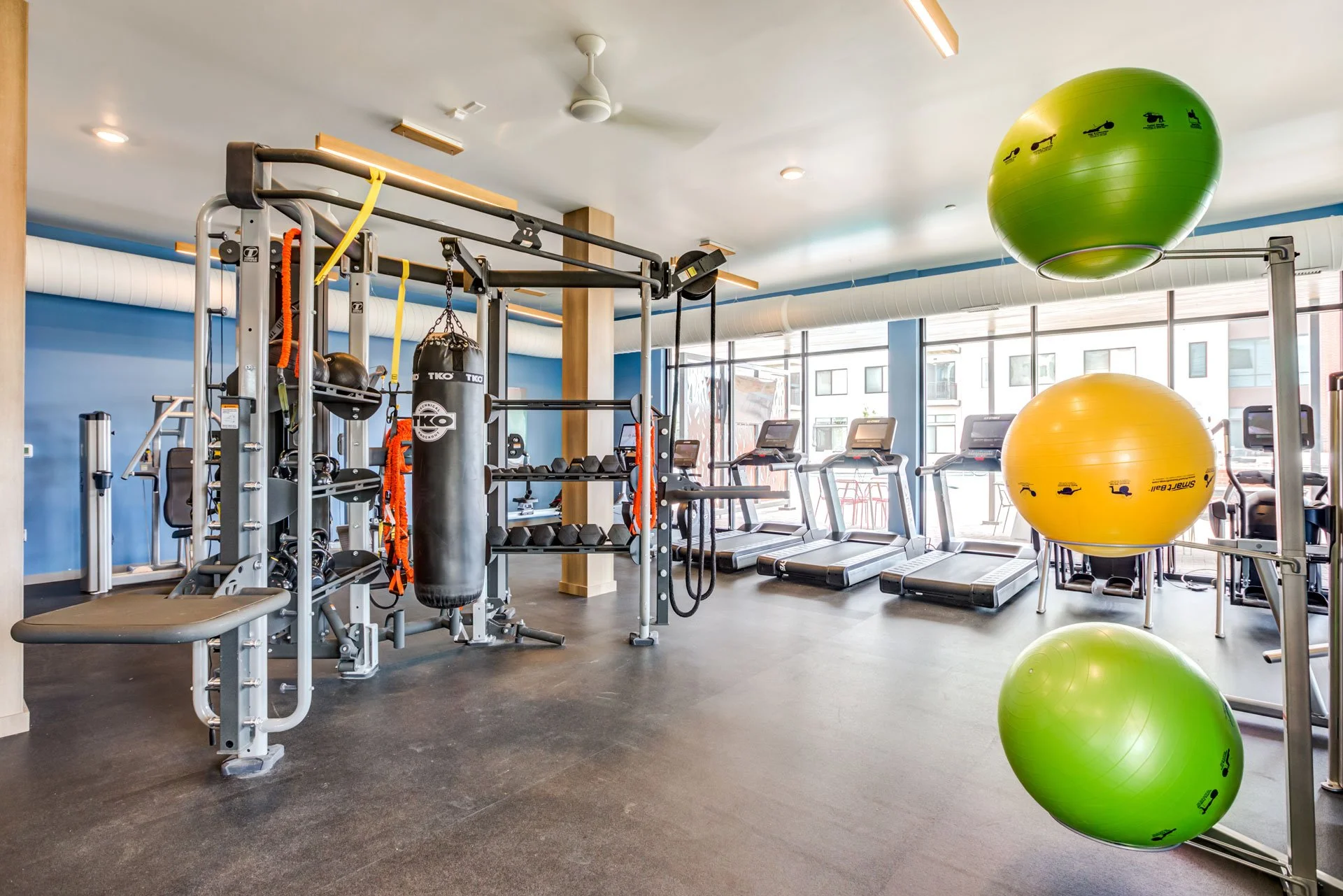 An interior view of a fitness gym with various exercise equipment, including a boxing heavy bag, treadmills, and large exercise balls in green and yellow.