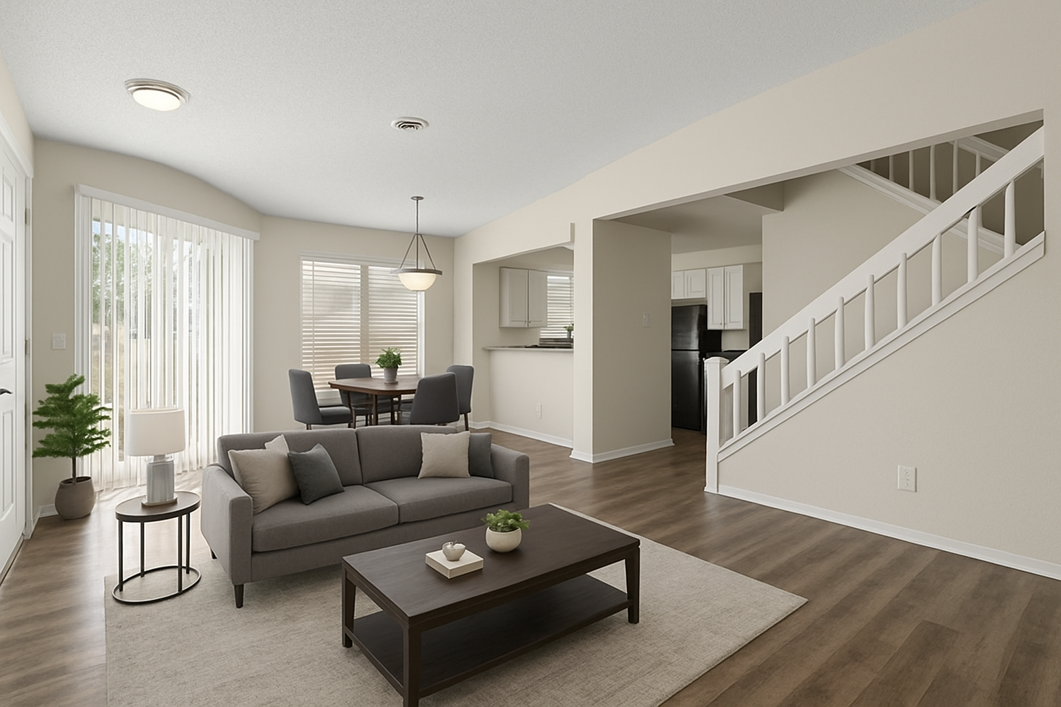 Living room with wooden flooring, gray sofa with pillows, coffee table, potted plant, side table, dining area with a round table and four chairs, kitchen in background, large windows with blinds, and staircase leading upstairs.