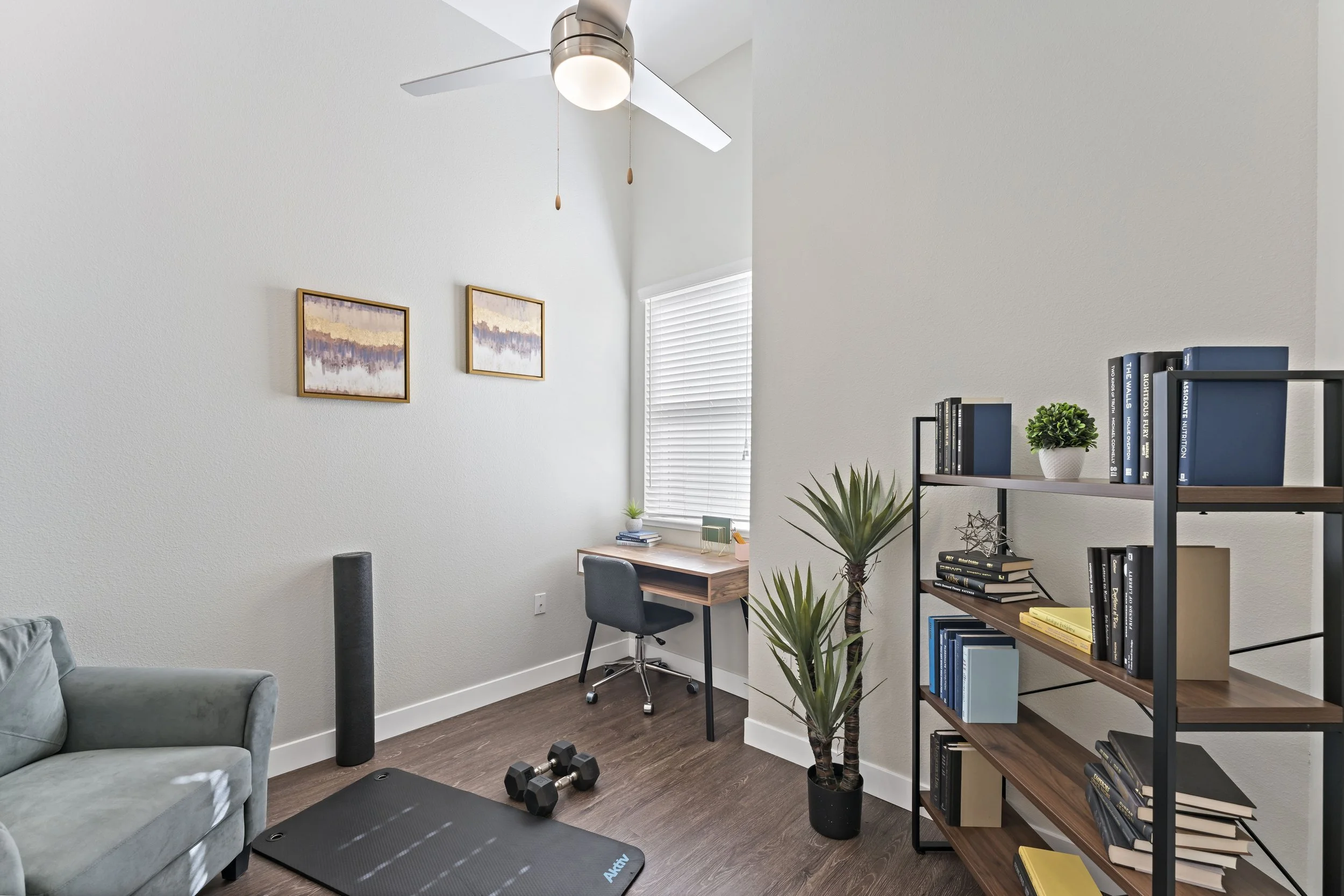 Home gym with a sofa, dumbbells on a yoga mat, a potted plant, a bookshelf with books and decorative items, a small desk with a chair and small plant, window with blinds, ceiling fan with light, and two framed pictures on the wall.